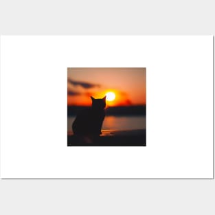 Black Cat Watching Sunset Posters and Art